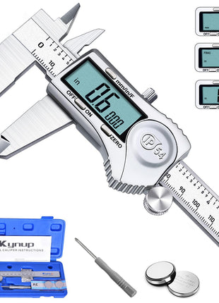 Kynup Digital Caliper 6 Inch Measuring Tool, Professional Stainless Steel Electronic Micrometer with Large LCD Screen, Vernier Caliper, Inch Metric Fraction Conversion, Auto-Off, IP54 Splash Proof