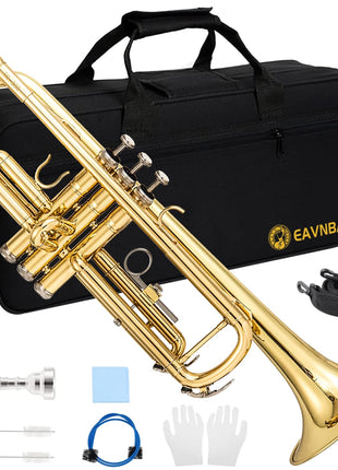 Eavnbaek Bb Standard Trumpet Set for Beginner or Advanced Student, Brass Student Trumpet Instrument with Hard Case, Cleaning Kit, 7C Mouthpiece and Gloves (Gold)
