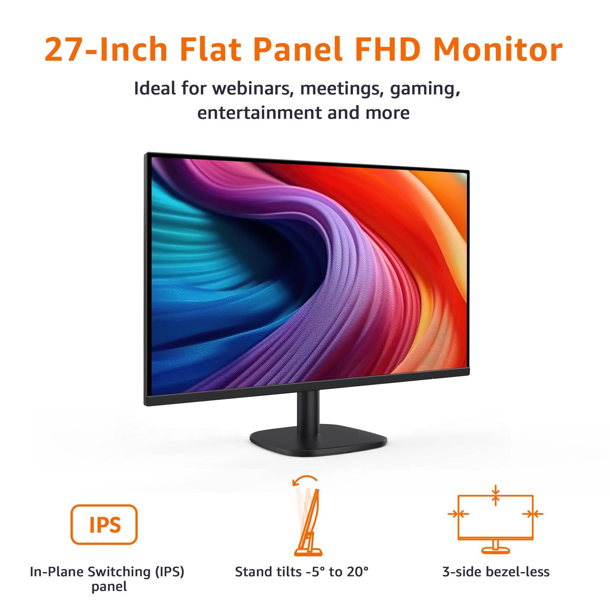Amazon Basics 27 inch Monitor, FHD 1080P, Max 100Hz, VESA Compatible, Built-in Speakers, Black