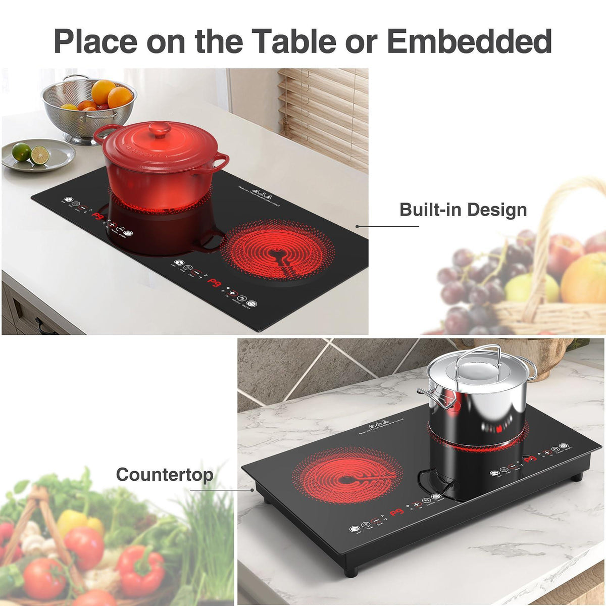 VBGK Electric cooktop,110V 24 inch 2 Burner Electric Cooktop,Built-in and Countertop Stove Top,2200W Stove,9 Power Levels, Kids Lock & Timer,LED touch control,Overheat Protection