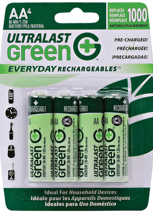 Ultralast ULGED4AA AA Green Precharged Ready-to-Use Rechargeable Batteries - 4 Pack