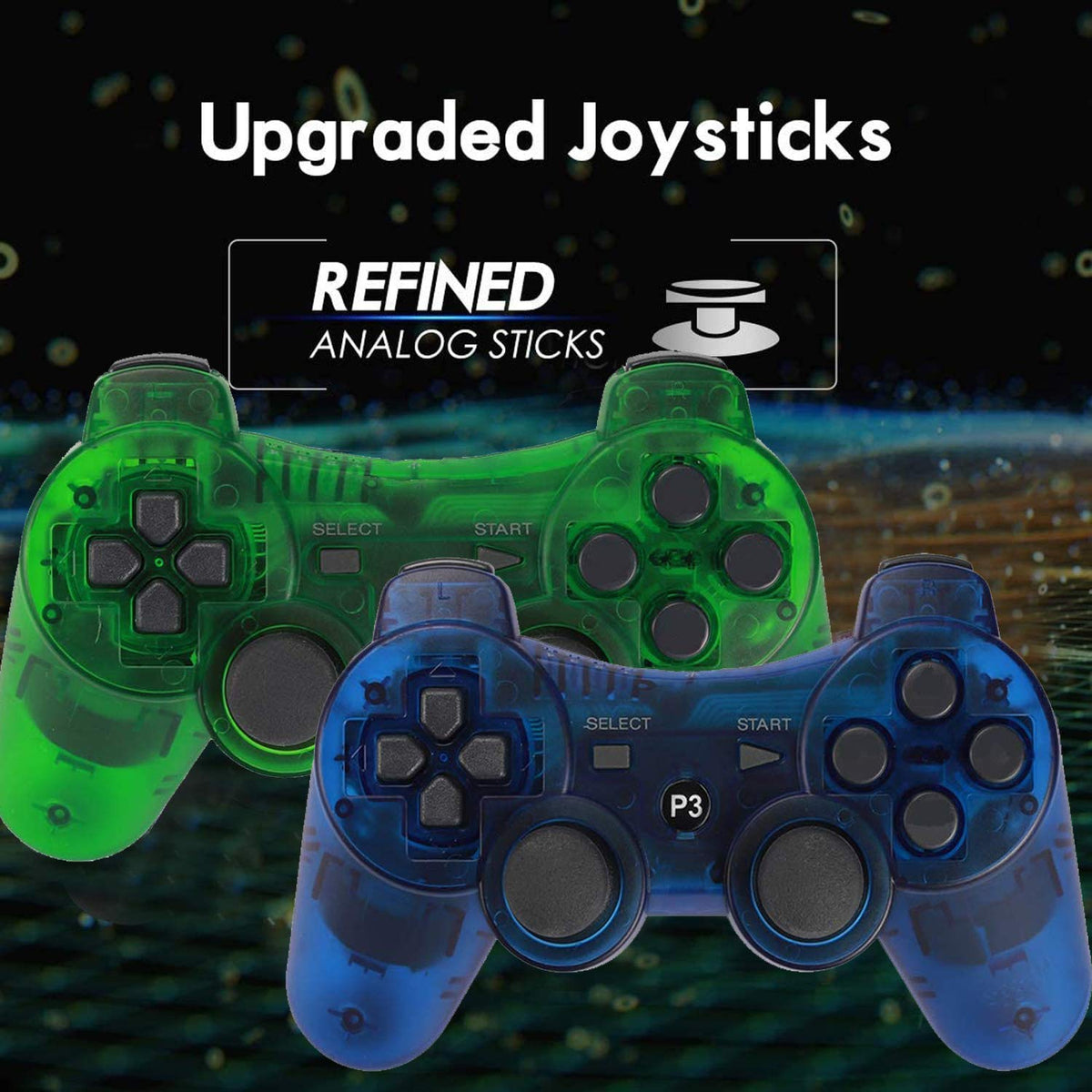 Burcica Wireless Controller for PS-3 Motion Sense Double Vibration Upgraded Gaming Remote for Play 3 with Charging Cord (Transparent Green and Transparent Blue)