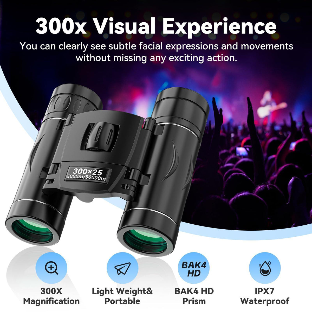 300x25 Binoculars for Adults and Kids, High Powered Mini Pocket Binoculars with Phone Adapter, Waterproof Compact Telescope for Bird Watching, Hunting, Concert, Theater, Opera, Traveling, Sightseeing