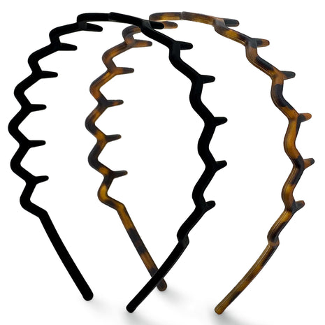 Kitsch Zig Zag Headbands for Women - Black and Tortoise, 2 pcs | Fashion Accessories for Slicked Back Styles | Comfortable Wavy Headbands | Comb Headband with Teeth