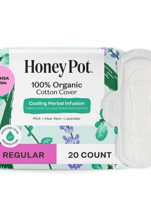 The Honey Pot Company   Herbal Sanitary Pads for Women   Regular Flow w/Wings   Infused w/Essential Oils for Cooling Effect & Organic Cotton Cover   Feminine Care   20 ct