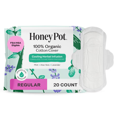 The Honey Pot Company   Herbal Sanitary Pads for Women   Regular Flow w/Wings   Infused w/Essential Oils for Cooling Effect & Organic Cotton Cover   Feminine Care   20 ct