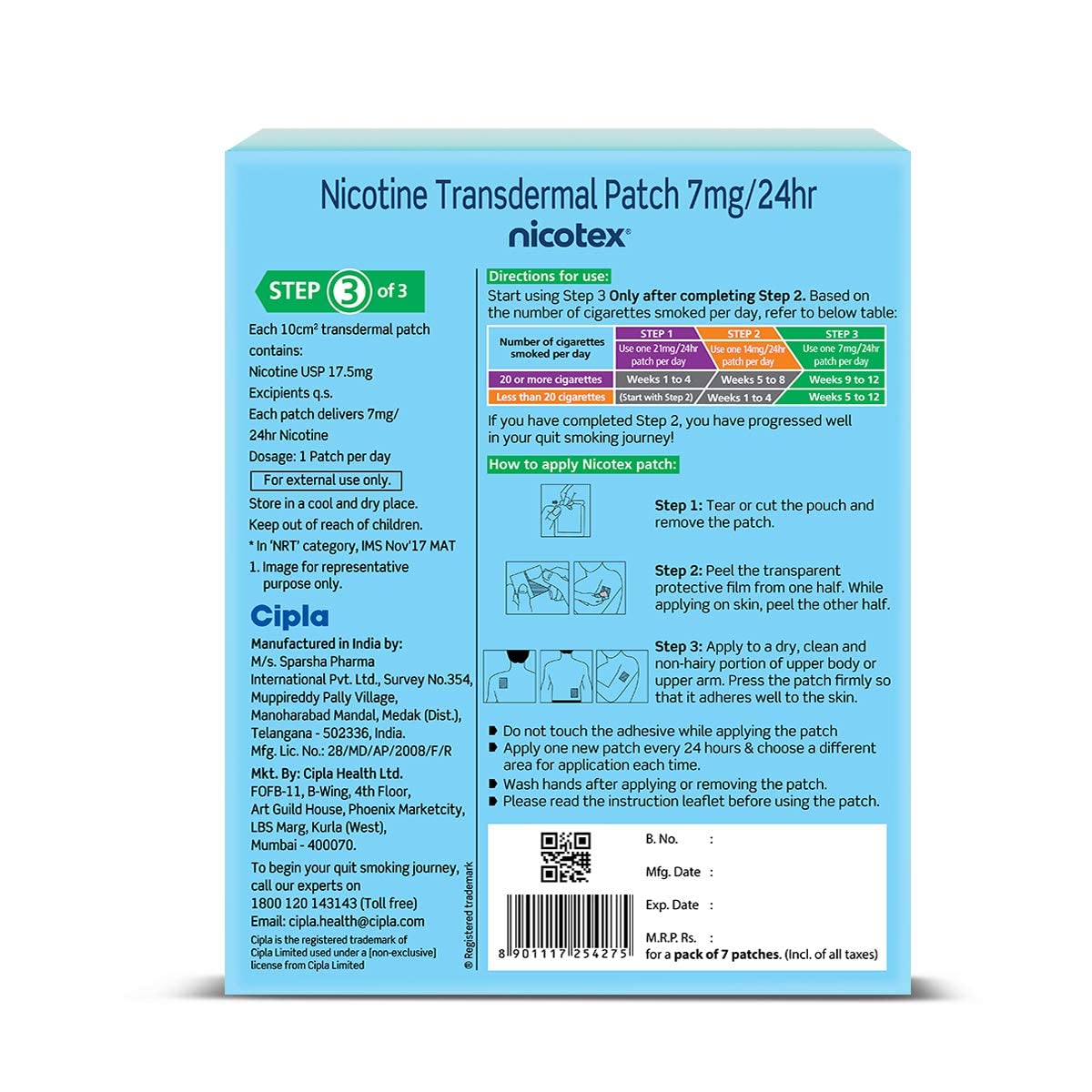 Cipla Nicotex Nicotine Transdermal Patch | Helps to Quit Smoking | WHO - Approved Therapy | 7 Patches (Step 3-7mg)