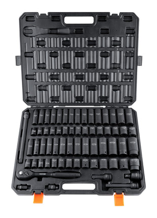 VEVOR 1/2 inch Drive Impact Socket Set, 65 Piece SAE 3/8 inch to 1-1/4 inch and Metric 10-24mm, 6 Point Cr-V Alloy Steel for Auto Repair, Easy-to-Read Size Markings, Rugged Construction, Storage Case