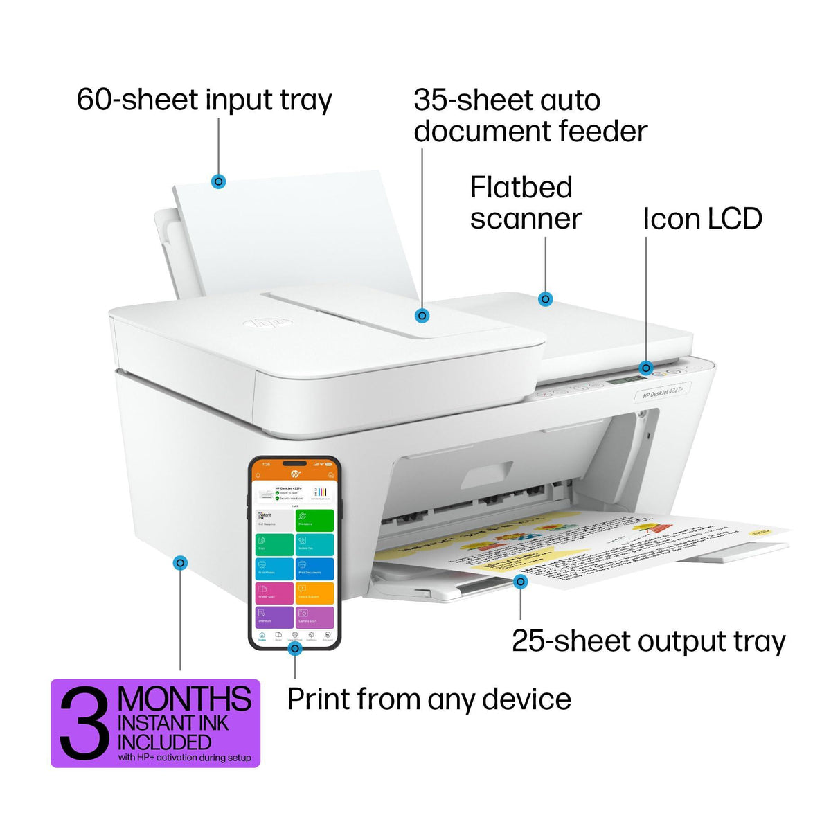 HP DeskJet 4227e Wireless All-in-One Color Inkjet Printer, Scanner, Copier, Best-for-Home, 3 Months of Instant Ink Trial Included (6W7F0A)