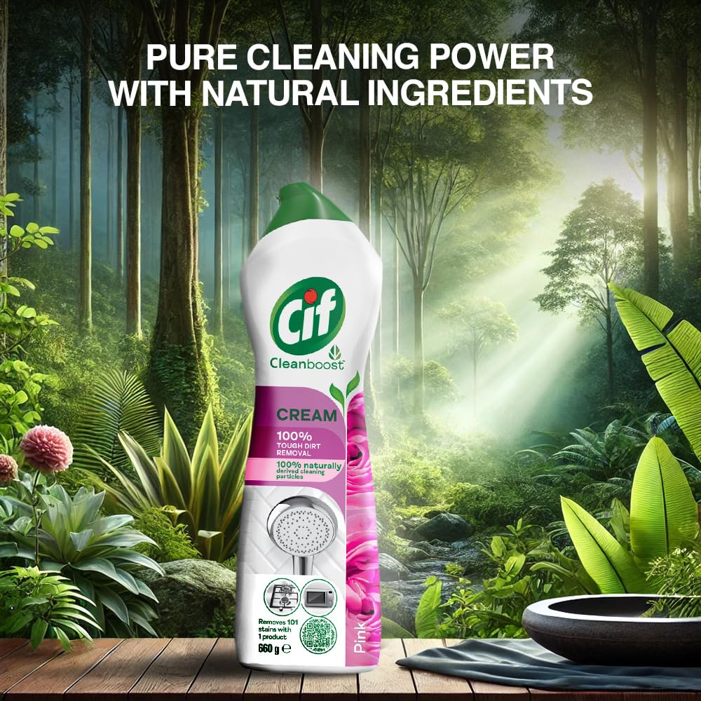 CIF Pink Floral Cream Multipurpose Surface Cleaner for Tough Stains, Floral Scent, Suitable for Bathtub, Chimney, Gas Stove, Tiles & Sink, 500ml