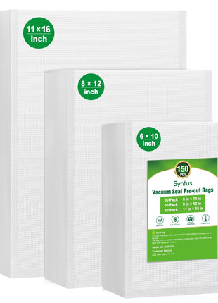 Syntus Vacuum Sealer Bags, 150 Gallon 11 inch x 16 inch and Quart 8 inch x 12 inch and Pint 6 inch x 10 inch Commercial Grade PreCut Bag, BPA Free Food Vac Bags for Storage, Meal Prep or Sous Vide
