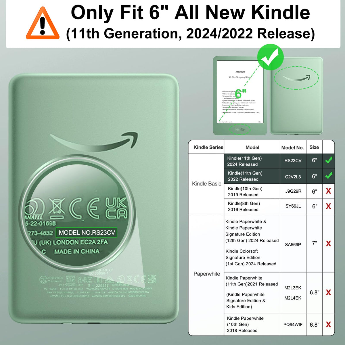 MoKo Case Fits 6" All-New Kindle (11th Generation-2024/2022 Release), Lightweight Shell Cover with Auto Wake/Sleep for Kindle 2024/2022 11th Gen e-Reader, Agave Green