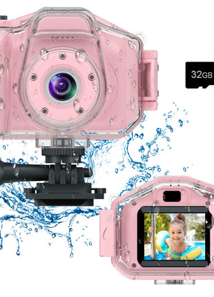 Agoigo Kids Waterproof Camera - Children Underwater HD Video Digital Camcorder, Portable Travel Toy for Toddler - Ideal Christmas Birthday Gifts for Boys Girls Age 3-12 with 32GB Card (Pink)