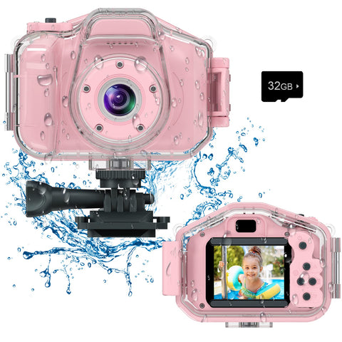 Agoigo Kids Waterproof Camera - Children Underwater HD Video Digital Camcorder, Portable Travel Toy for Toddler - Ideal Christmas Birthday Gifts for Boys Girls Age 3-12 with 32GB Card (Pink)