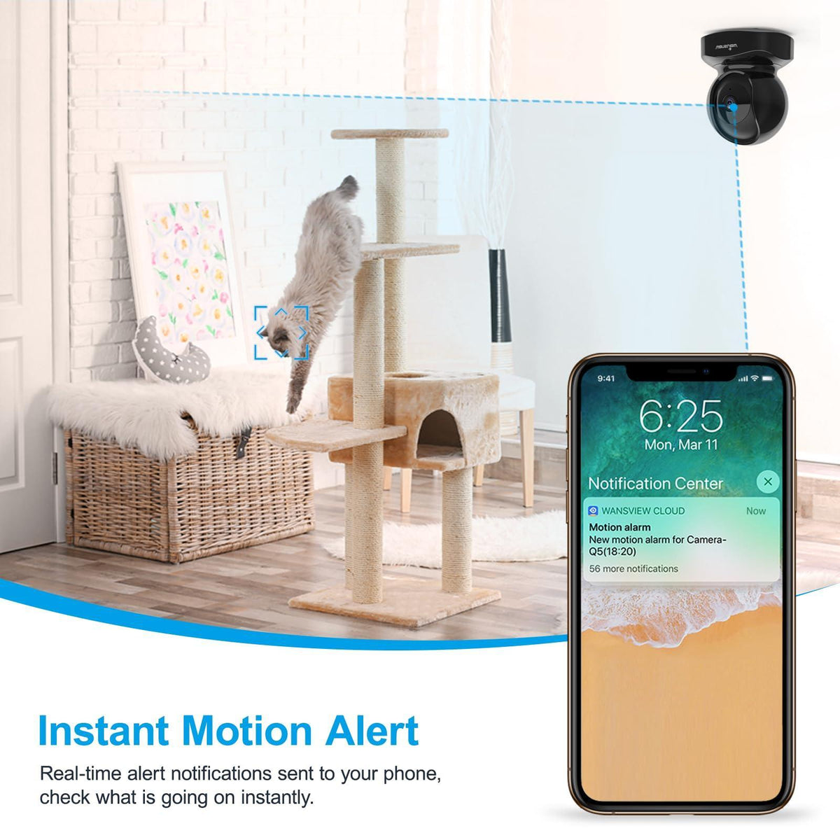 Wansview Security Camera Indoor, 360 Degree WiFi Home Security Cameras for Pet/Dog/Nanny, 2 Way Audio Night Vision, Works with Alexa, with TF Card Slot and Cloud, 2.4Ghz, Q5 (Black, 3MP)