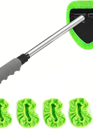 Windshield Cleaner Tool with Extendable Aluminum Handle (Up to 19.7"), Streak-Free Auto Glass Cleaning Kit with 4 Thick Microfiber Pads & Spray Bottle, Inside Window Defogger Accessories