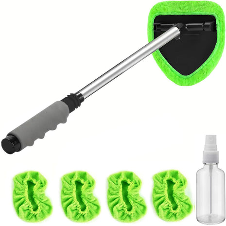 Windshield Cleaner Tool with Extendable Aluminum Handle (Up to 19.7"), Streak-Free Auto Glass Cleaning Kit with 4 Thick Microfiber Pads & Spray Bottle, Inside Window Defogger Accessories