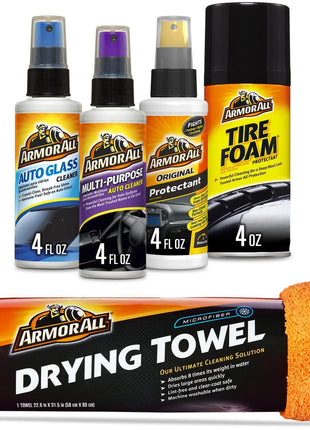 Armor All Car Wash and Car Interior Cleaner Kit, Includes Towel, Tire Foam, Glass Spray, Protectant Spray and Cleaning Spray, Multicolor, 5 Count (Pack of 1)