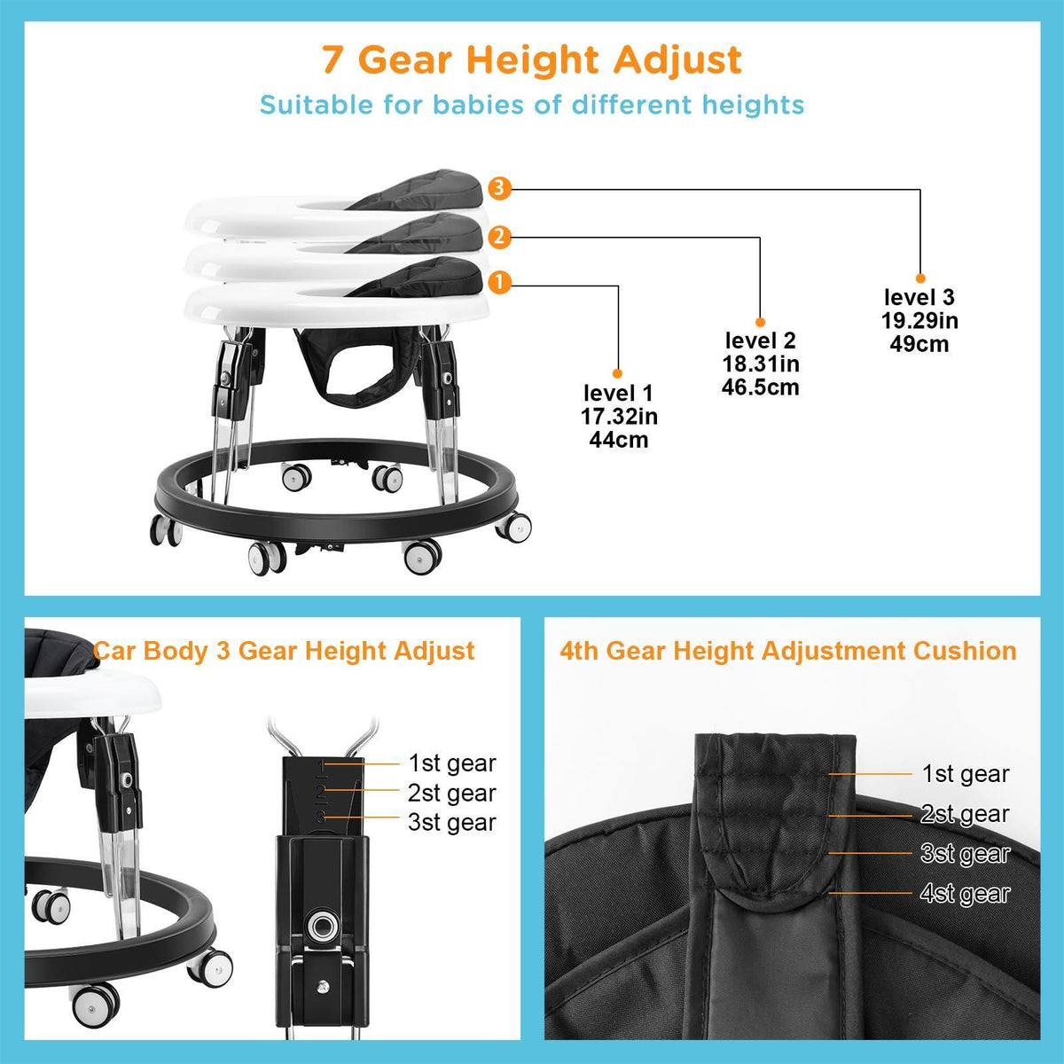 Uuoeebb Baby Walker with Wheels, One-Touch Folding Anti-Roll 8-Wheel Baby Walkers, 7-Speed Height Adjustment with Large Dinner Plate and Brake 6-18 Months Baby Walker, Black