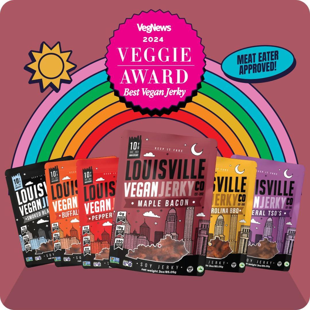 Louisville Vegan Jerky - Maple Bacon Vegan Meat - Lip-Smacking Vegan-Friendly & Vegetarian Jerky - Non-GMO Soy Protein, Gluten-Free High Protein Vegan Snacks