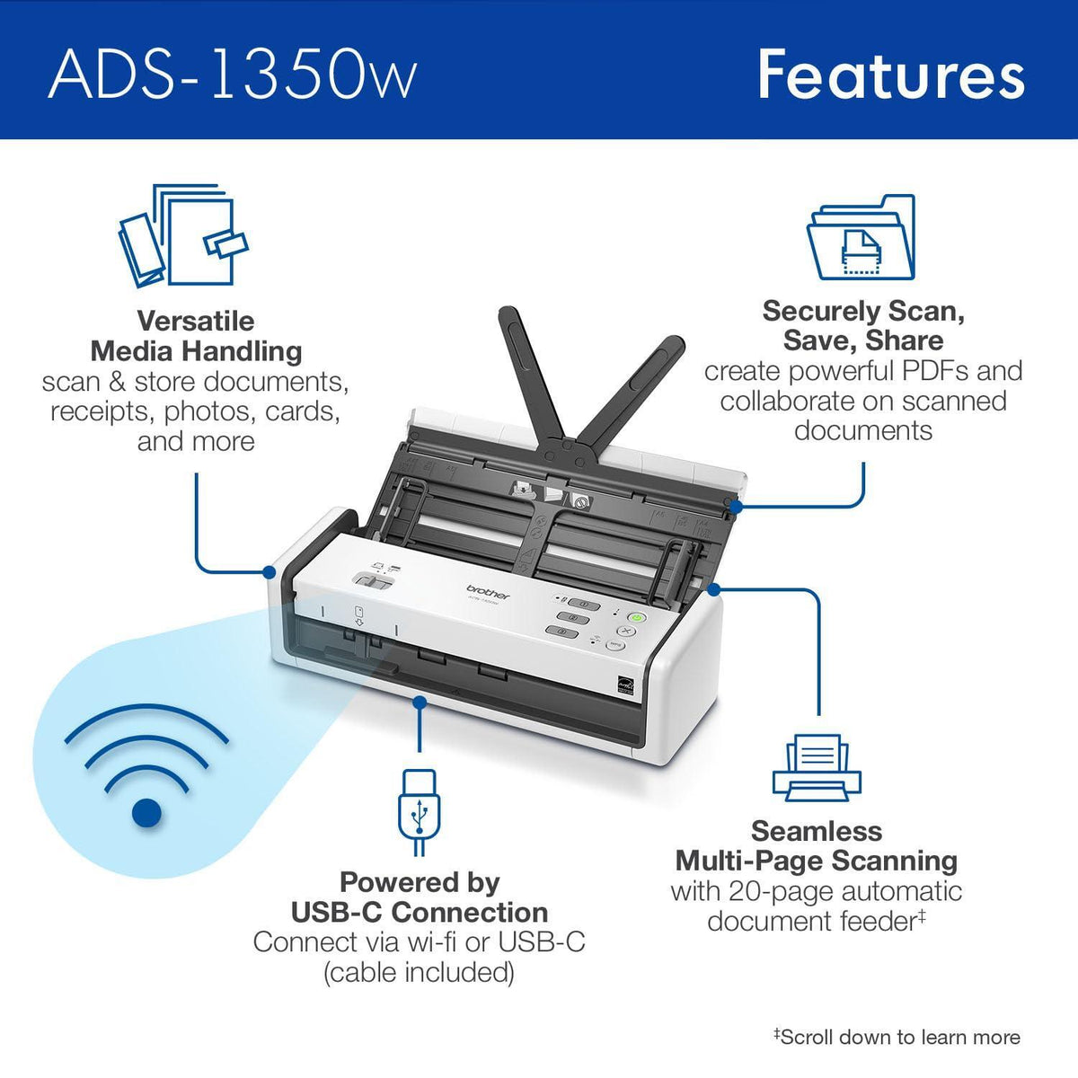 Brother ADS-1350W Wireless Compact Desktop Scanner | Scan Speeds of Up to 30ppm | Single Pass Double-Sided Scanning