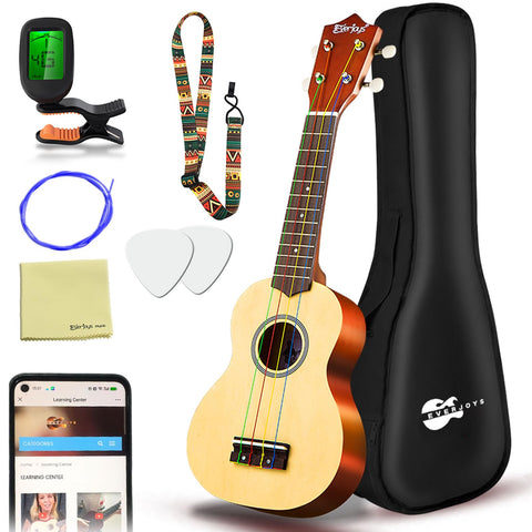 Everjoys Soprano Ukulele Beginner Pack-21 Inch w/Rainbow String Free Online Lesson Gig Bag Digital Tuner Pick All in One Kit