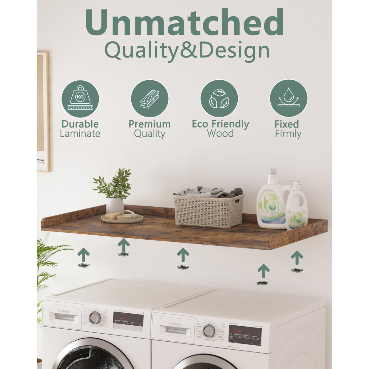 Piskyet Washer Dryer Countertop,Laundry Countertop with Edge Rails,27.5" Depth x 54" Wood Countertop For Washer and Dryer,Laundry Machine Topper for Laundry Room Organization and Storage(Rustic Brown)