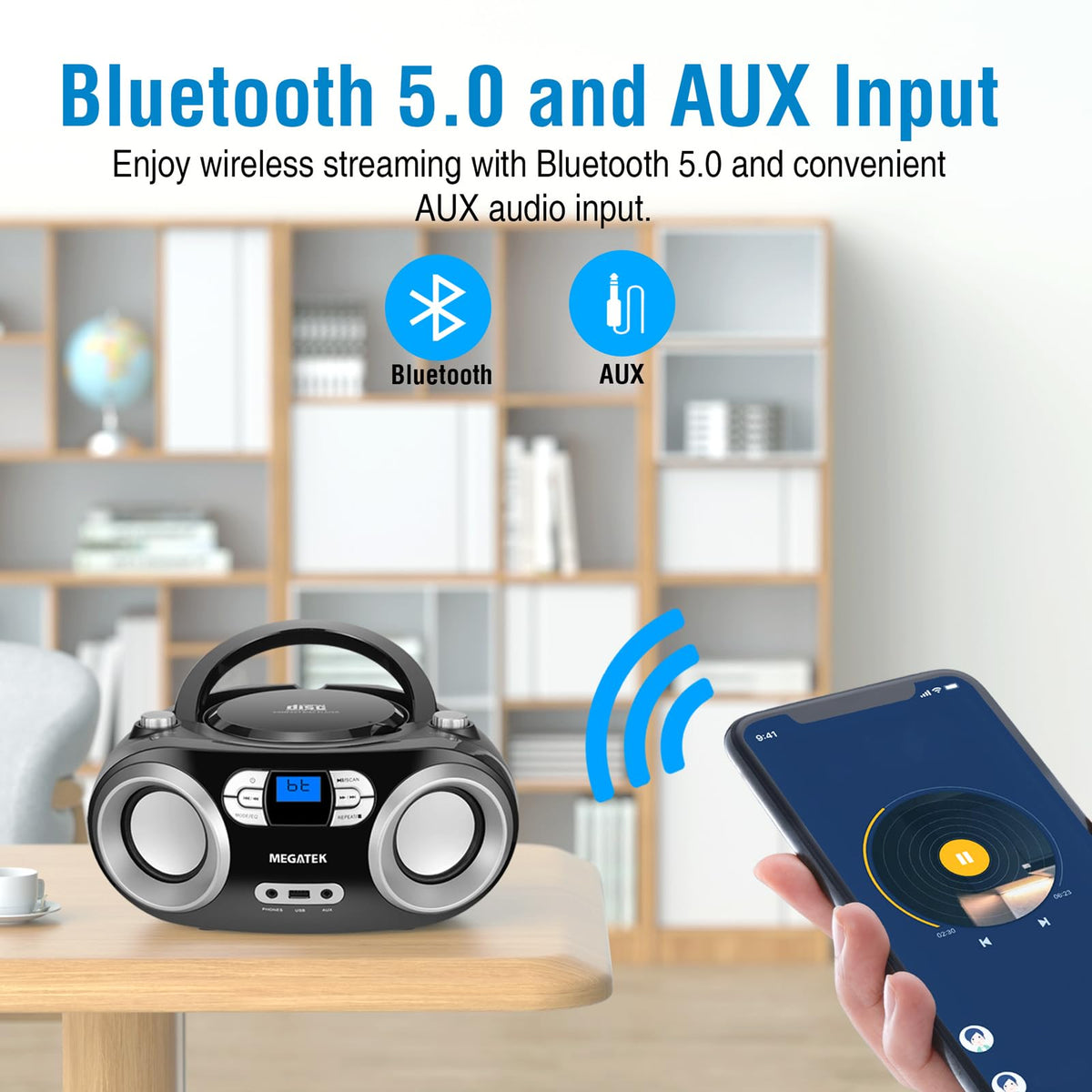 MEGATEK Portable CD Player Boombox with FM Radio, Bluetooth, USB Port, AUX Input, and Headphone Jack – CD-R/CD-RW/MP3-CD Compatible, Clear Stereo Sound, Backlit LCD Display – Black