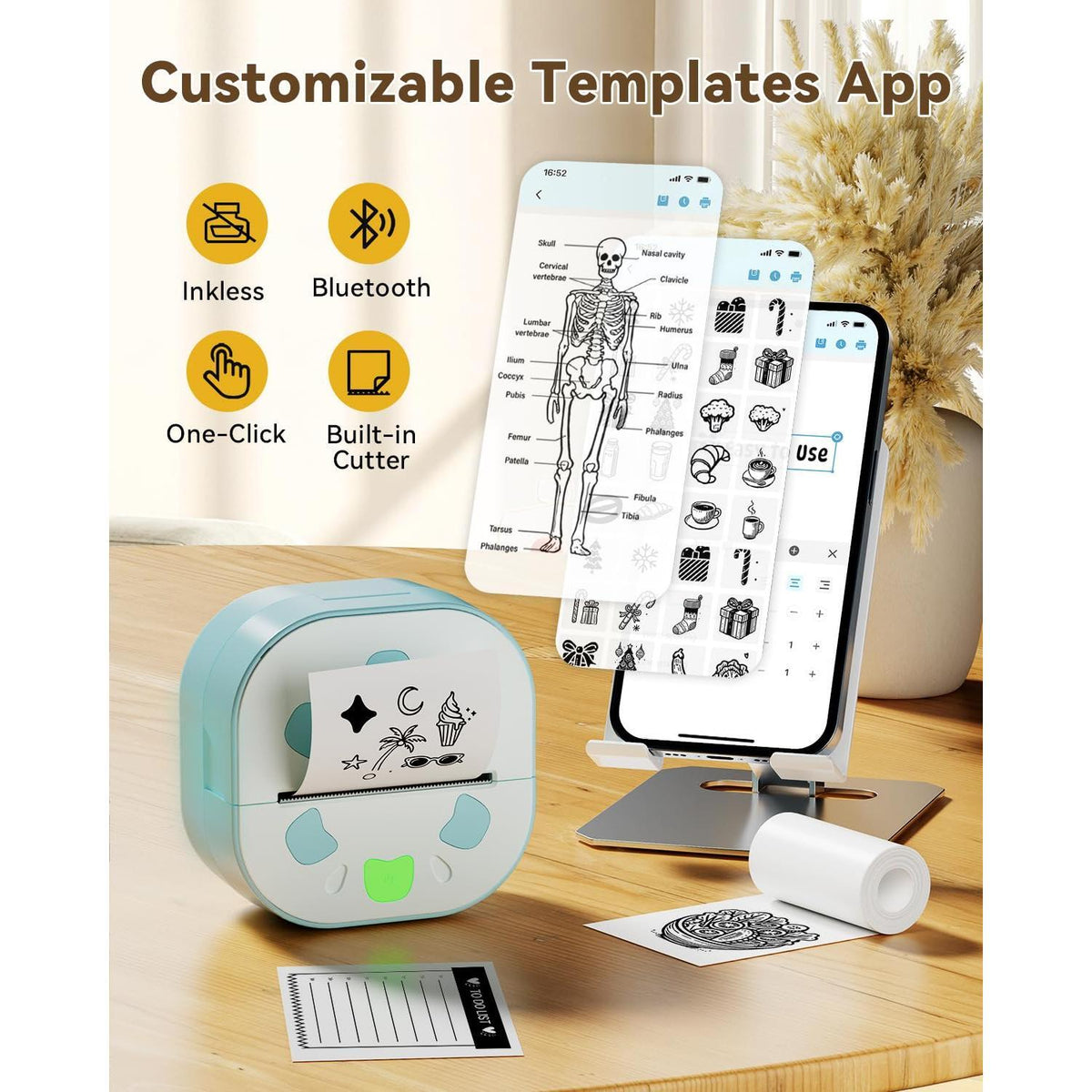 NDYIN Sticker Printer, PrintPods Mini Printer, Bluetooth Portable Sticker Maker with 3 Rolls Paper, Print Pod Inkless Thermal Printers for iphone, Impresora Portátil for Notes, Journal, DIY, Kids Gift