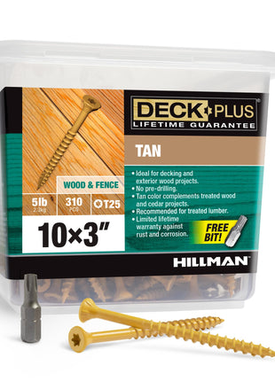 Deck Plus 3 Inch Epoxy Coated Exterior Wood and Fence Screws #10 x 3 Torx/Star Drive Included Coarse Thread, Outdoor Rust Resistant Decking Screw, Tan, 5 lb Box, 310 Pieces | 48419