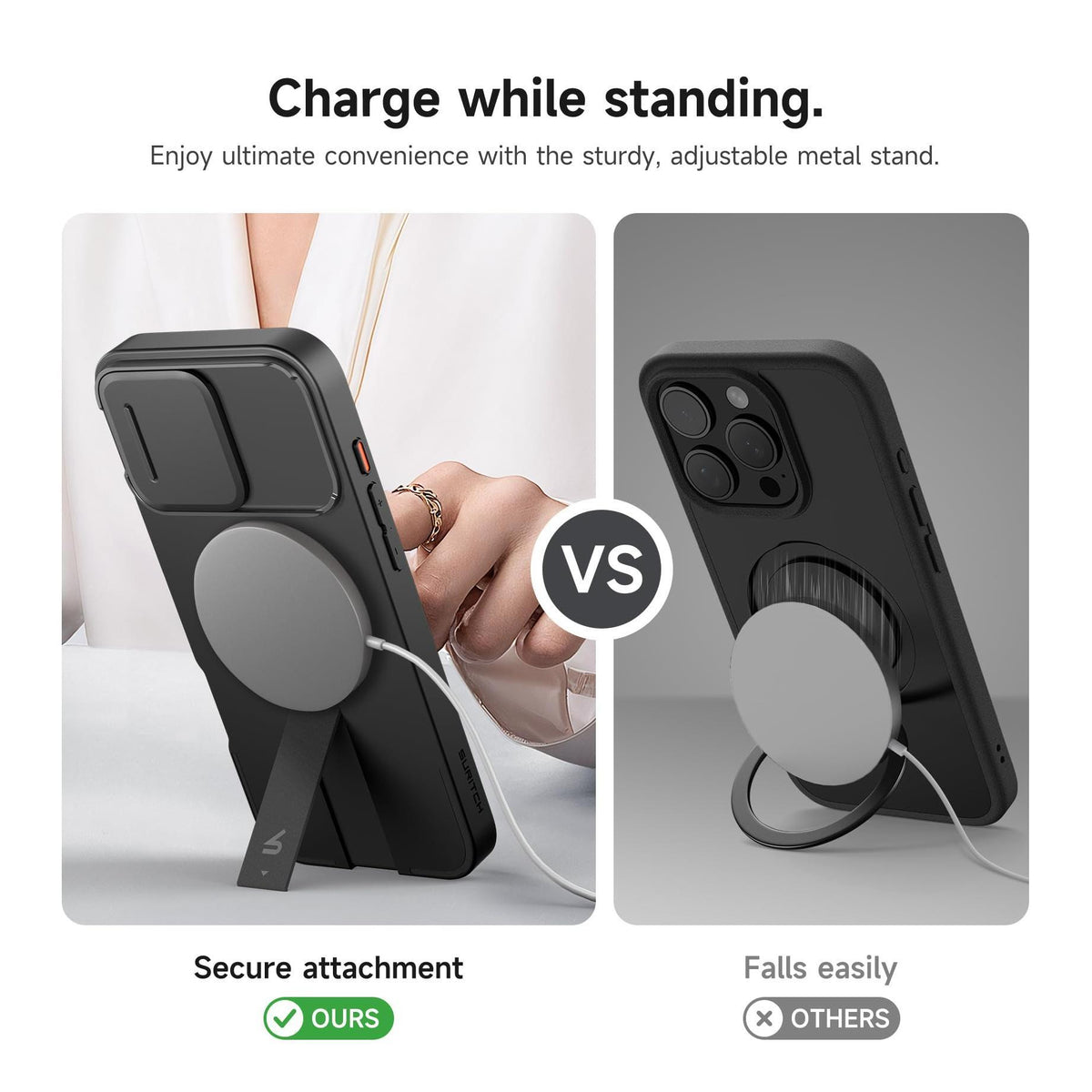 SURITCH for iPhone 16 Pro Max Case with Magnetic Camera Slide Cover and Adjustable Kickstand, Compatible with MagSafe, Shockproof Bumper Case Slim Protective Cover 6.9 Inch, Black