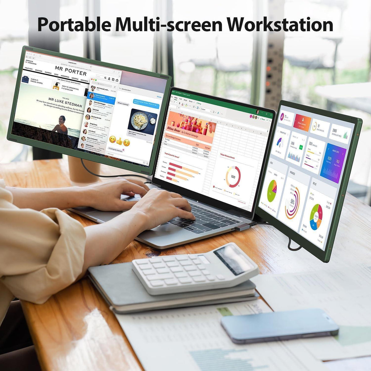 APILDELLA 14’’ Triple Laptop Screen Extender, 1080P FHD Portable Dual Monitor for Laptop USB C HDMI, Plug-Play Monitor Extender for Triple Display for Mac/Windows, Fit 13”-17.3” Laptops