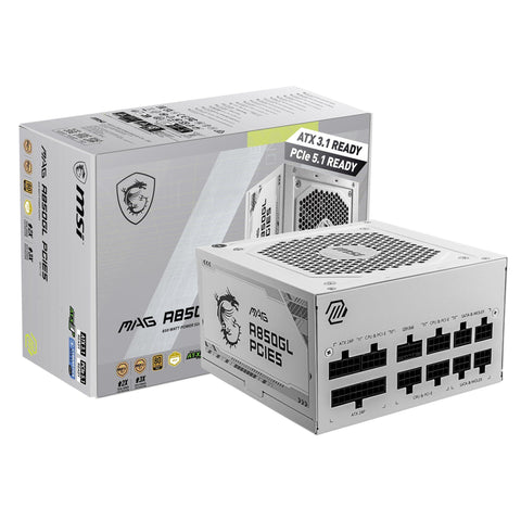 MSI MAG A850GL PCIE 5.1 White Gaming Power Supply - Full Modular - 80 Plus Gold Certified 850W - ATX 3.1 & PCIE 5.1 Ready Compact Size - ATX PSU - 10 Year Warranty