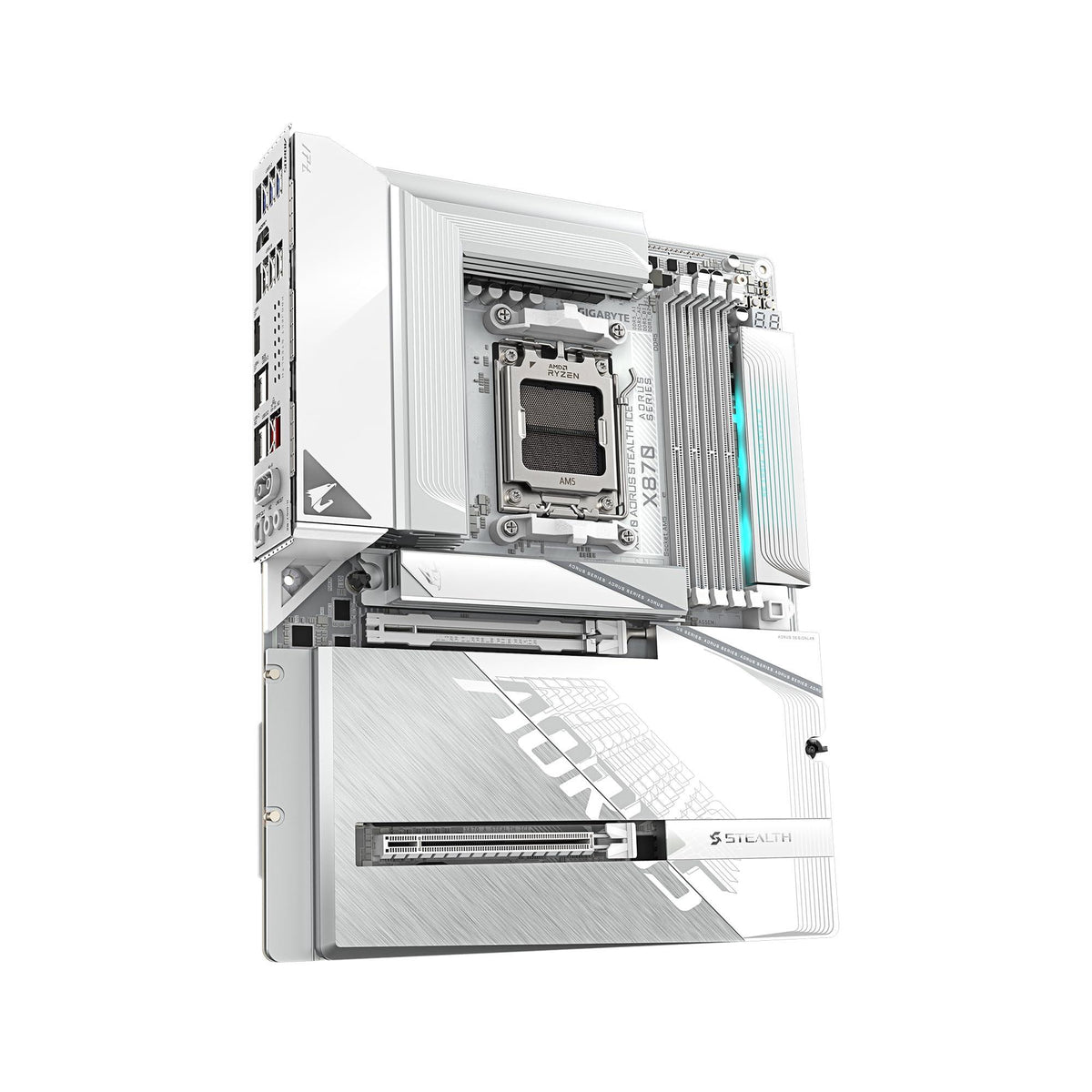 GIGABYTE X870 AORUS Stealth ICE AMD AM5 Motherboard, ATX, DDR5, 4X M.2, PCIe 5.0, 2xUSB-4,USB-C, WIFI7, 5GbE LAN, EZ-Latch