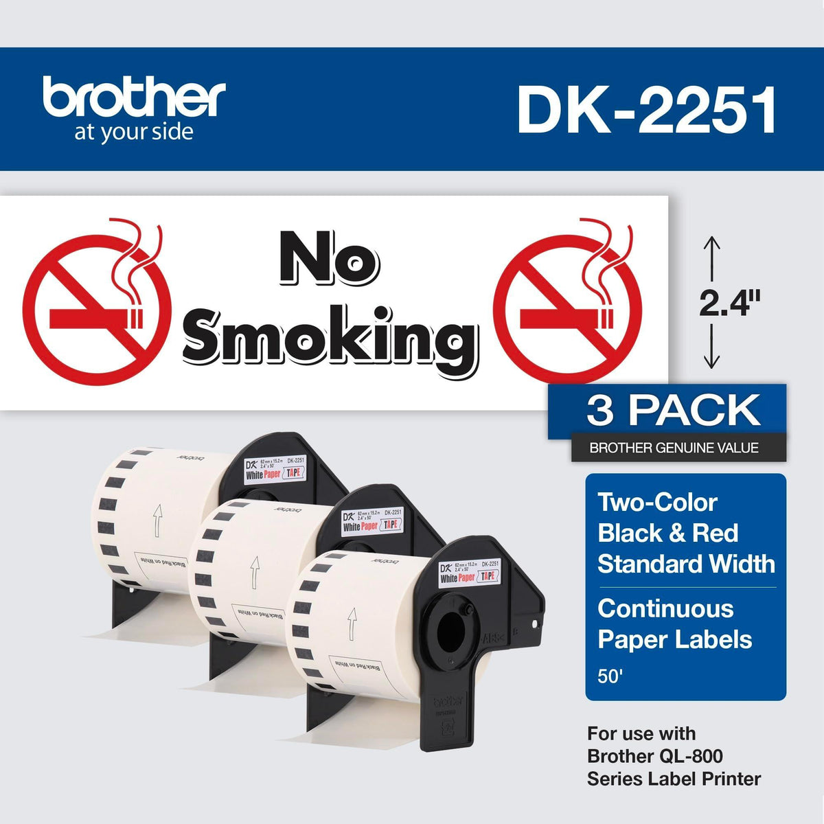 Brother Genuine DK-22513PK Continuous Length Replacement Labels, Black/Red Label on White Paper Tape, Engineered with Excellence, 2.4â€ x 50 feet, (3) Rolls per Box (DK22513PK)