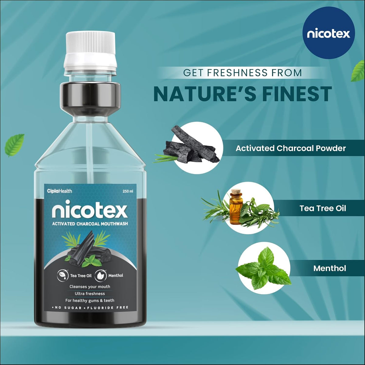 Cipla Nicotex Activated Charcoal Mouthwash | Tea Tree Oil And Menthol | Ultra Freshness With Mild Taste | For Healthy Gums And Teeth | No Sugar | Fluoride Free | 250Ml