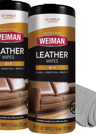 Weiman Leather Cleaner Wipes - Clean Condition UV Protection Help Prevent Cracking or Fading of Furniture, Car Interior, Couch, and Shoes, 2 Pack with Microfiber Cloth
