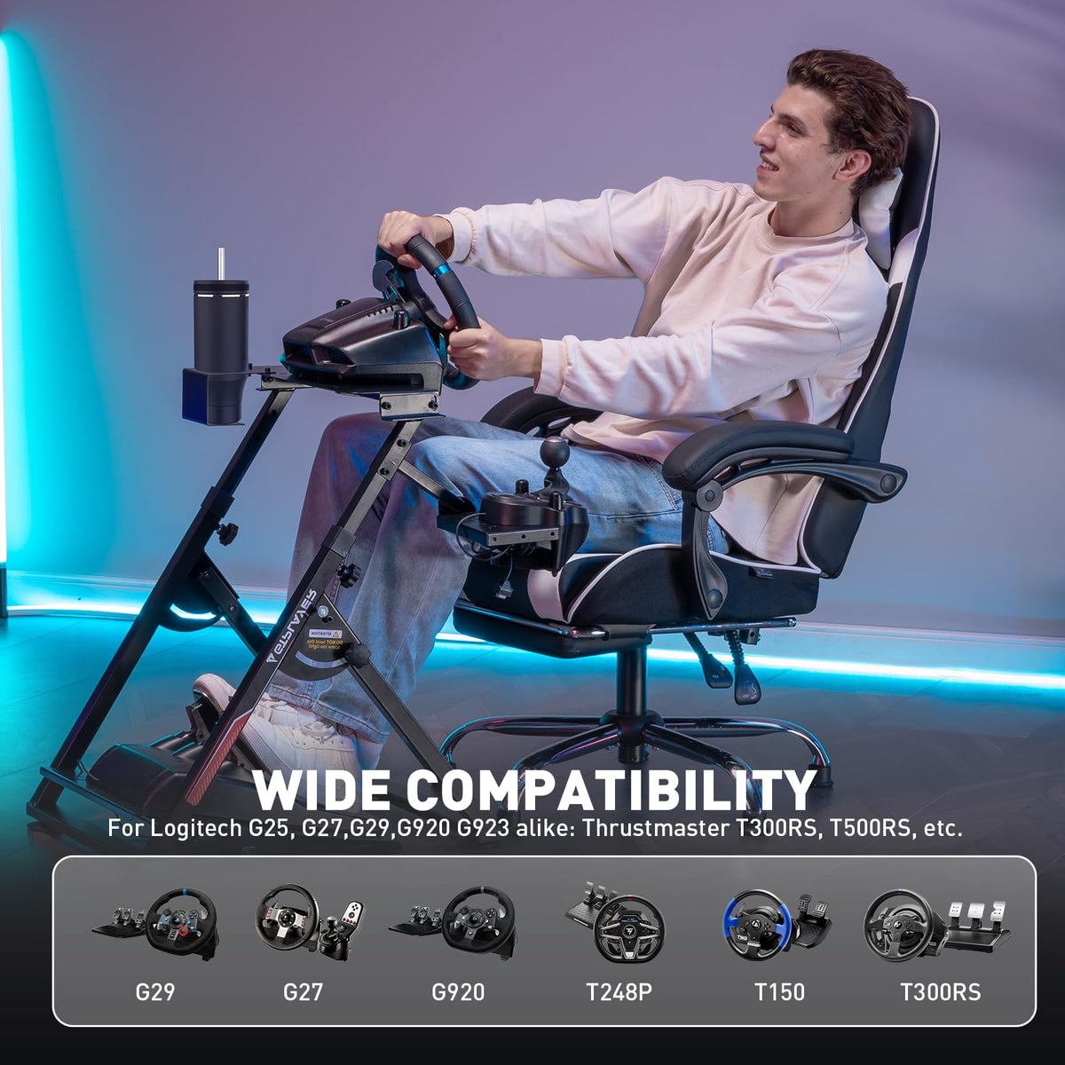 GTPLAYER Sim Racing Wheel Stand Simulator Cockpit Wheel Stand fit for Logitech G25 G27 G29 G920 G923 Thrustmaster T330TS Gaming Stand Wheel Pedals NOT Included, Deep Black With Cup Holder