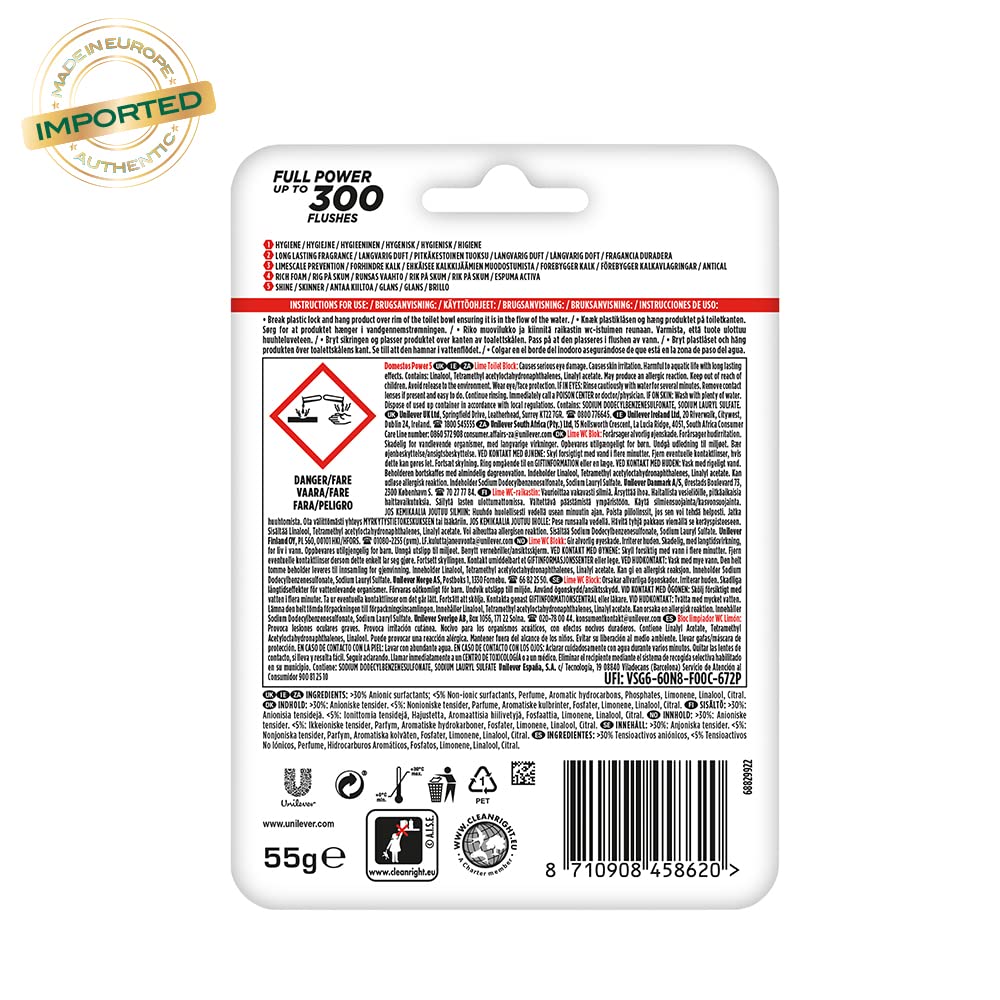 Domestos Toilet Rim Block with Power of 5, Lime, Limescale Removal with Long Lasting Fragrance, Provides Hygiene & Shine, 55 gm