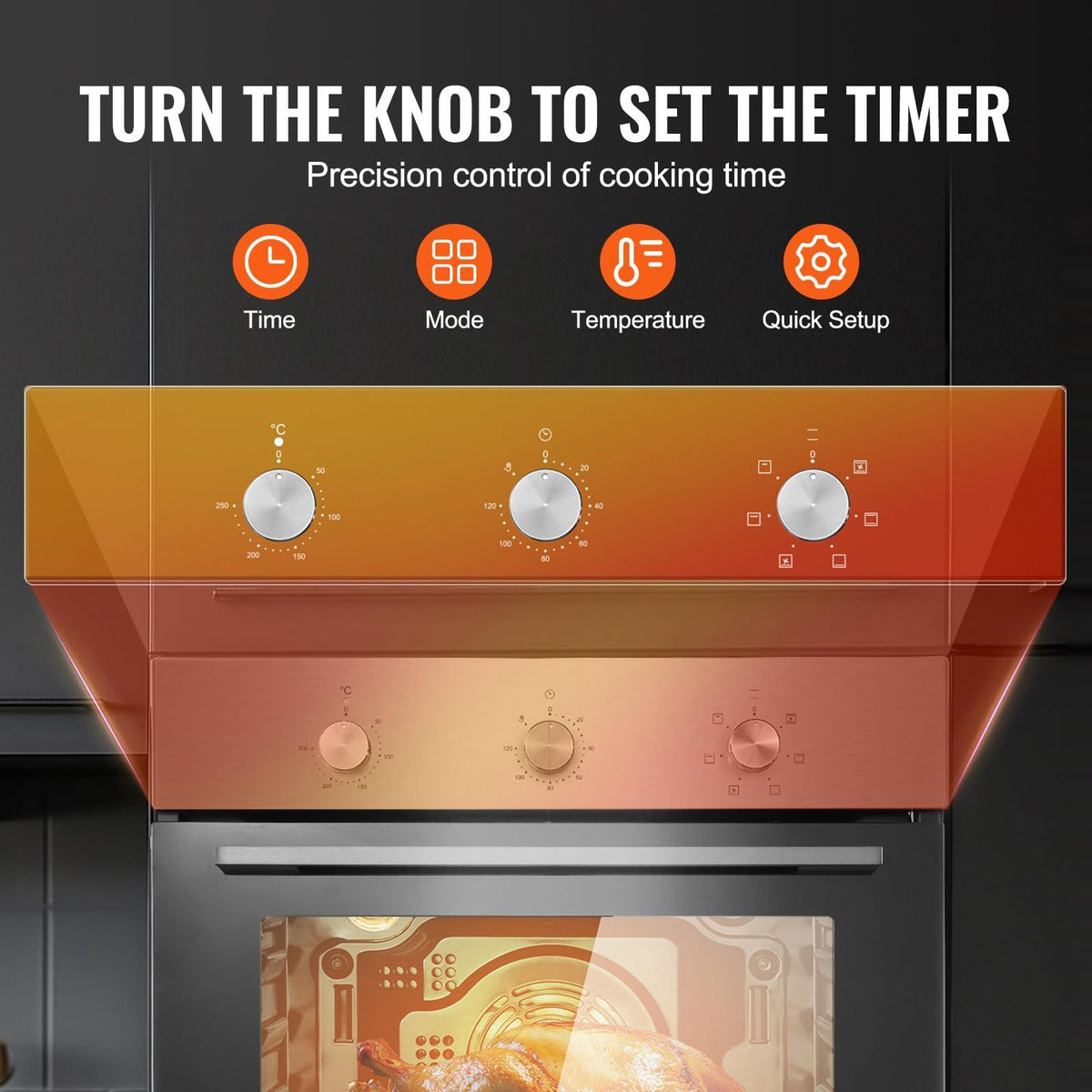 VEVOR Single Wall Oven, 2.68 Cu.Ft Electric Wall Ovens with Timer, 24" Built-in Electric Wall Oven with 6 Cooking Functions, Mechanical Knob Control Convection Wall Oven with Baking Rack and Tray