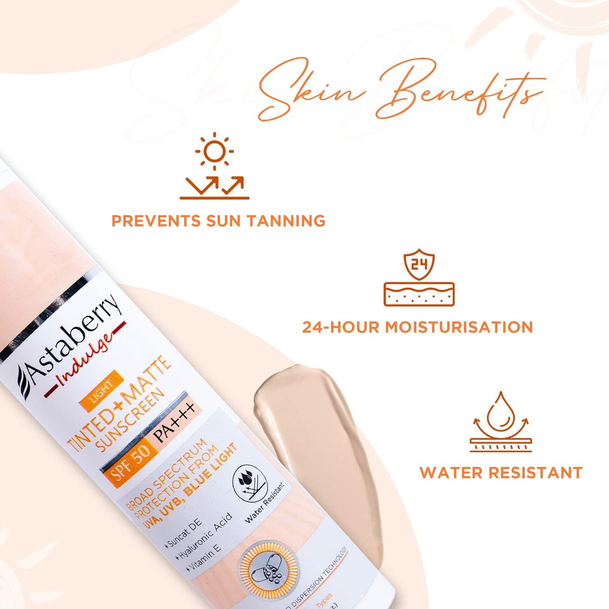 Astaberry Indulge Tinted Matte Sunscreen SPF 50 PA+++ | Broad Spectrum Protection from UVA/B & Blue Light | Suncat DE & No White Cast |Provides a Light Tint - 50g (Light)