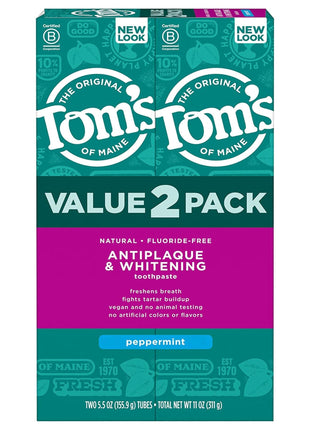 Tom's of Maine Antiplaque and Whitening Toothpaste, Peppermint, 2Pk, 5.5 oz | Fluoride Free, Freshens Breath, Fights Tartar Buildup, Vegan, No Animal Testing, No Artificial Colors or Flavors