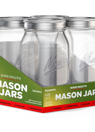 SEWANTA Wide Mouth Mason Jars 32 oz [4 Pack] With Mason Jar Lids and Bands, Mason Jars 32 oz - For Canning, Fermenting, Pickling - Jar Decor - Microwave/Dishwasher Safe.