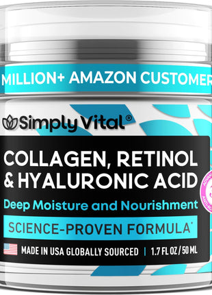 SimplyVital Face Moisturizer Retinol Collagen Hyaluronic Acid Cream 1.7 oz | Anti-Aging, Moisturizer Face Cream for Women & Men, Visibly Firming, Hydrating Neck Care, Day & Night Skin Care, Silky Feel