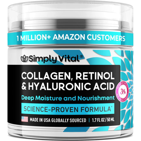 SimplyVital Face Moisturizer Retinol Collagen Hyaluronic Acid Cream 1.7 oz | Anti-Aging, Moisturizer Face Cream for Women & Men, Visibly Firming, Hydrating Neck Care, Day & Night Skin Care, Silky Feel