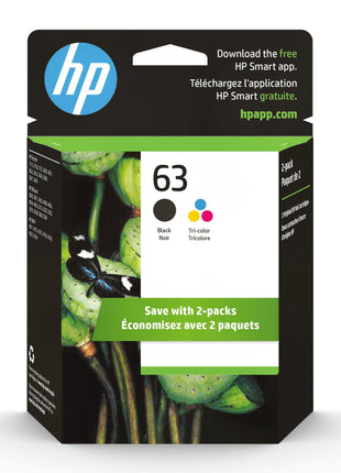 HP 63 Black, Tri-Color Ink Cartridge Printers (2-Pack), Works with DeskJet 1112, 2130, 3630 Series; Envy 4510, 4520; OfficeJet 3830, 4650, 5200, Eligible for Instant Ink, L0R46AN