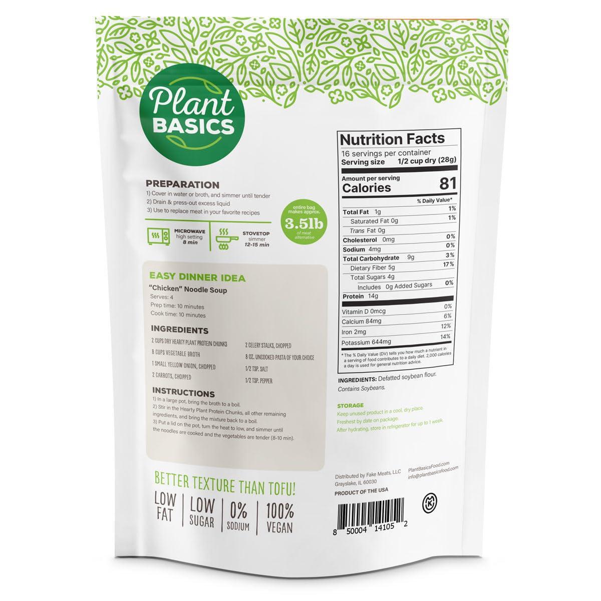 Plant Basics - Hearty Plant Protein - Unflavored Chunks, 1 lb, Non-GMO, Gluten Free, Low Fat, Low Sodium, Vegan, Meat Substitute