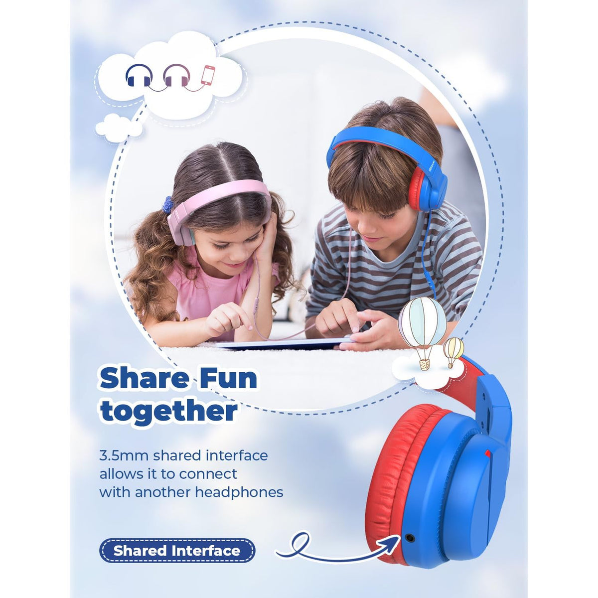 iClever Kids Headphones for School Travel, Safe Volume Limited, HD Mic Stereo Sound Over-Ear Girls Boys Headphones for Kid, FunShare Foldable 3.5mm Wired for iPad Computer, HS19