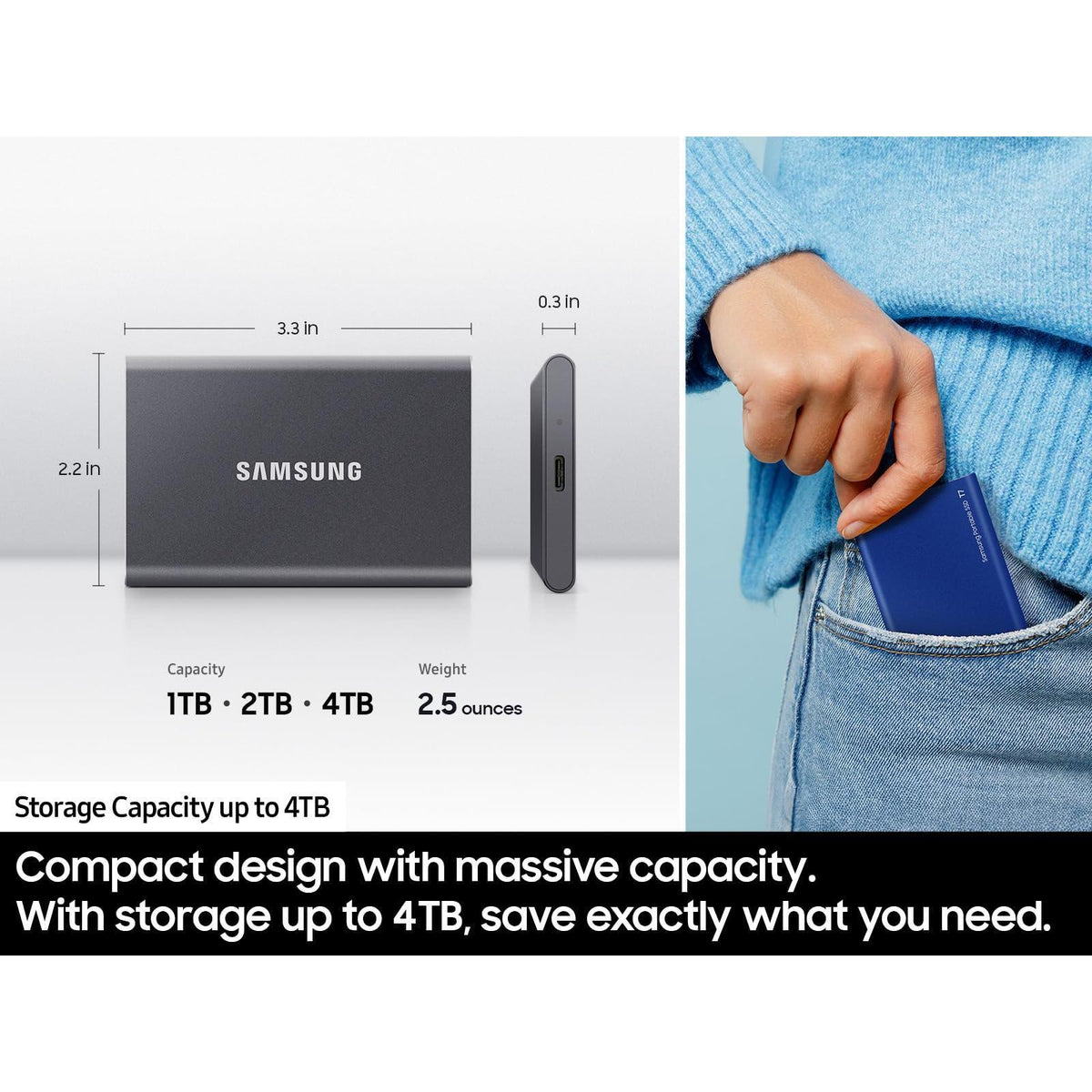 SAMSUNG T7 Portable SSD, 2TB External Solid State Drive, Speeds Up to 1,050MB/s, USB 3.2 Gen 2, Reliable Storage for Gaming, Students, Professionals, MU-PC2T0H/AM, Blue