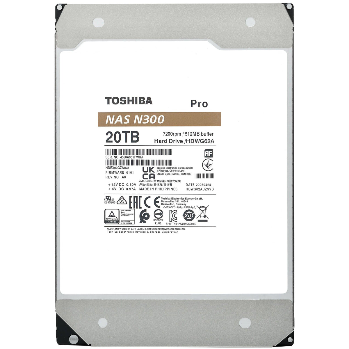 Toshiba N300 PRO 20TB Large-Sized Business NAS (up to 24 Bays) 3.5-Inch Internal Hard Drive - Up to 300 TB/Year Workload Rate CMR SATA 6 Gb/s 7200 RPM 512 MB Cache - HDWG62AXZSTB